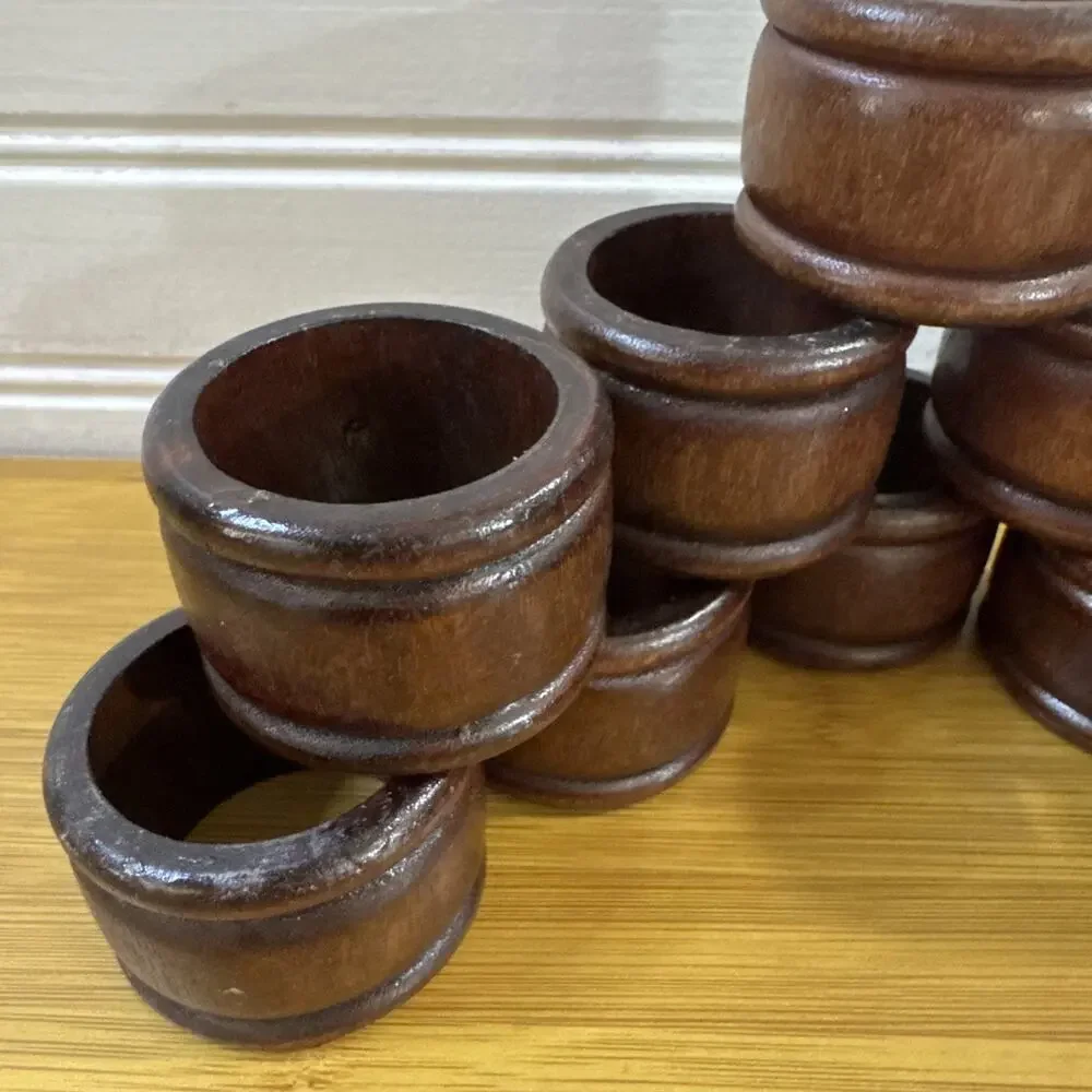 10 Vintage Pier 1 Wood Napkin Rings Ribbed Brown Teak MCM Boho Table Decor Set
